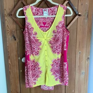 Yoana Baraschi bright yellow/fushia silk floral sleeveless blouse